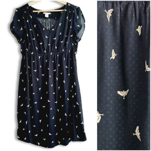 H&M MAMA Maternity Frilled-Sleeve Bird Print Navy Light Dress Sz M - Picture 2 of 13